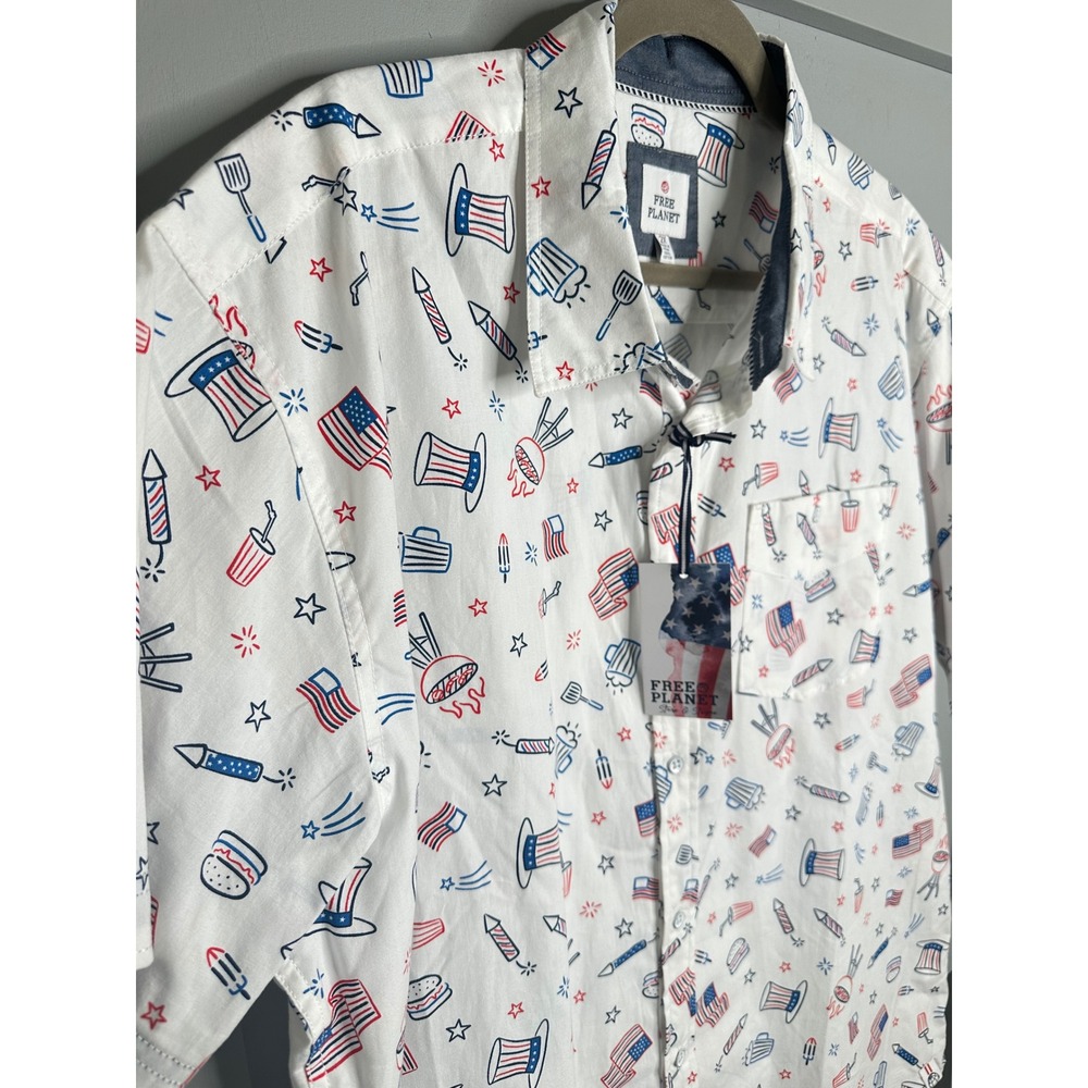 Free Planet Mens 2X White Patriotic BBQ Fireworks Button‎ Up Shirt - Picture 5 of 14